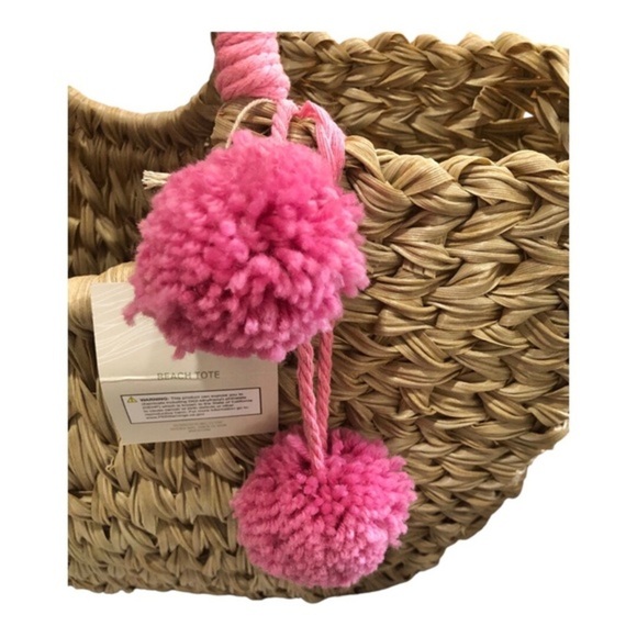 Wicker style straw natural basketweave pink knit pompom oversized beach tote new - Picture 9 of 16